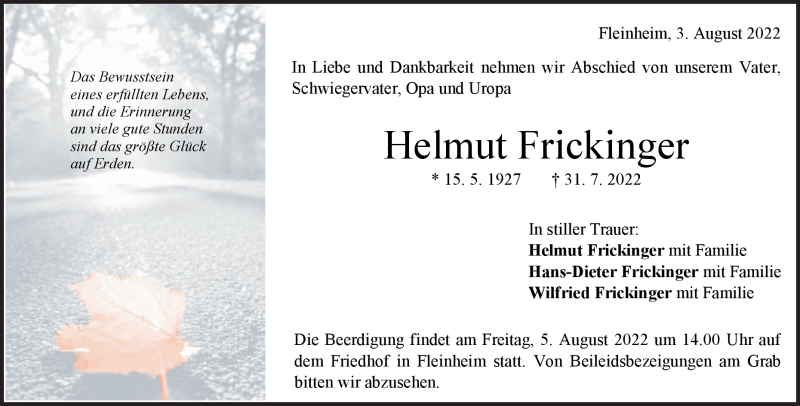  Traueranzeige für Helmut Frickinger vom 03.08.2022 aus Heidenheimer Zeitung