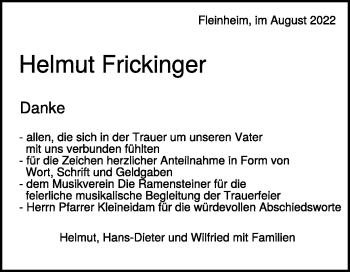 Traueranzeige von Helmut Frickinger von Heidenheimer Zeitung