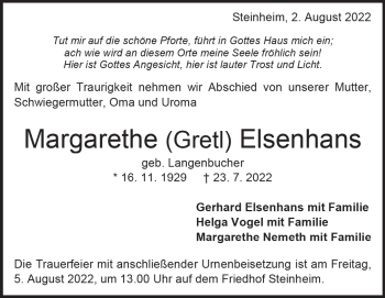 Traueranzeige von Margarethe Elsenhans von Heidenheimer Zeitung