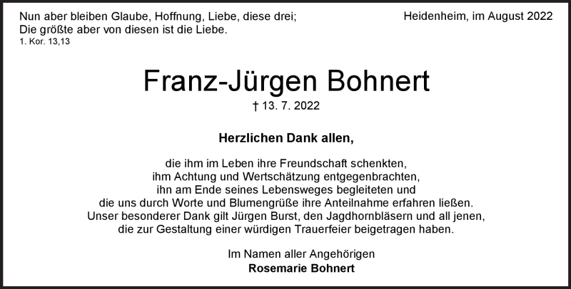  Traueranzeige für Franz-Jürgen Bohnert vom 05.08.2022 aus Heidenheimer Zeitung