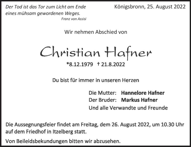  Traueranzeige für Christian Hafner vom 25.08.2022 aus Heidenheimer Zeitung