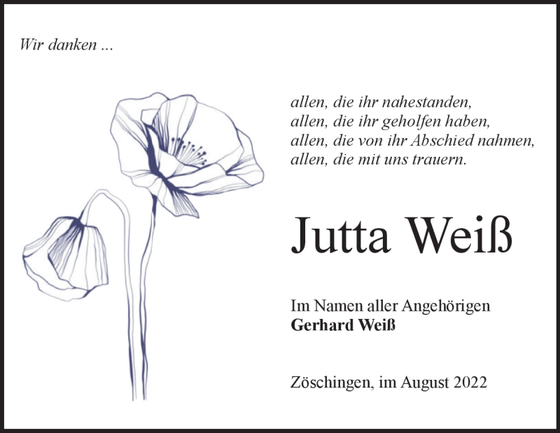  Traueranzeige für Jutta Weiß vom 27.08.2022 aus Heidenheimer Zeitung