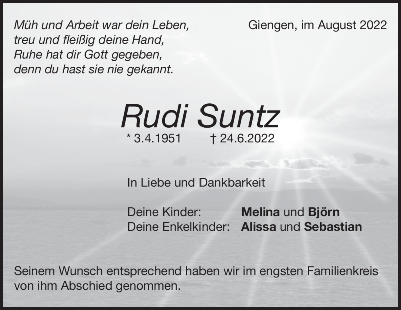  Traueranzeige für Rudi Suntz vom 06.08.2022 aus Heidenheimer Zeitung