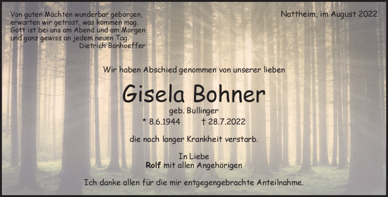  Traueranzeige für Gisela Bohner vom 04.08.2022 aus Heidenheimer Zeitung