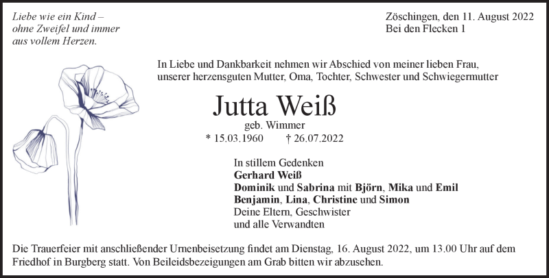  Traueranzeige für Jutta Weiß vom 11.08.2022 aus Heidenheimer Zeitung