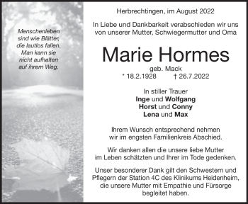 Traueranzeige von Marie Hormes von Heidenheimer Zeitung