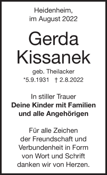Traueranzeige von Gerda Kissanek von Heidenheimer Zeitung