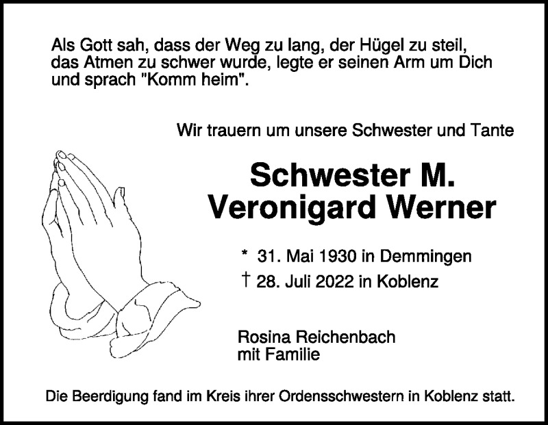  Traueranzeige für Schwester M. Veronigard Werner vom 05.08.2022 aus Heidenheimer Zeitung