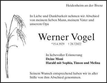 Traueranzeige von Werner Vogel von Heidenheimer Zeitung