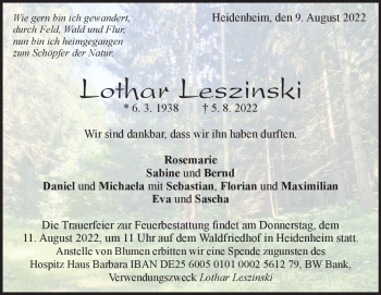Traueranzeige von Lothar Leszinski von Heidenheimer Zeitung