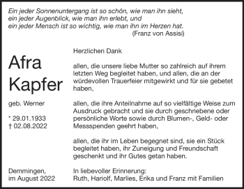 Traueranzeige von Afra Kapfer von Heidenheimer Zeitung