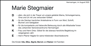Traueranzeige von Marie Stegmaier von Heidenheimer Zeitung