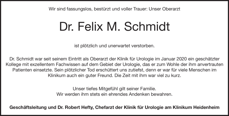  Traueranzeige für Felix Schmidt vom 04.08.2022 aus Heidenheimer Zeitung