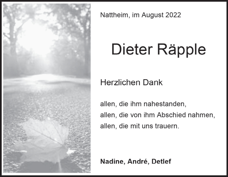  Traueranzeige für Dieter Räpple vom 25.08.2022 aus Heidenheimer Zeitung