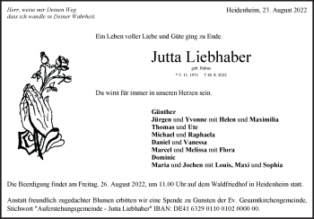 Traueranzeige von Jutta Liebhaber von Heidenheimer Zeitung