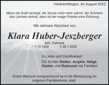 Traueranzeige von Klara Huber-Jeszberger von Heidenheimer Zeitung
