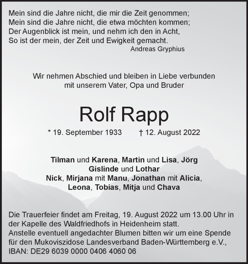  Traueranzeige für Rolf Rapp vom 16.08.2022 aus Heidenheimer Zeitung