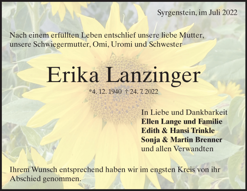  Traueranzeige für Erika Lanzinger vom 01.08.2022 aus Heidenheimer Zeitung