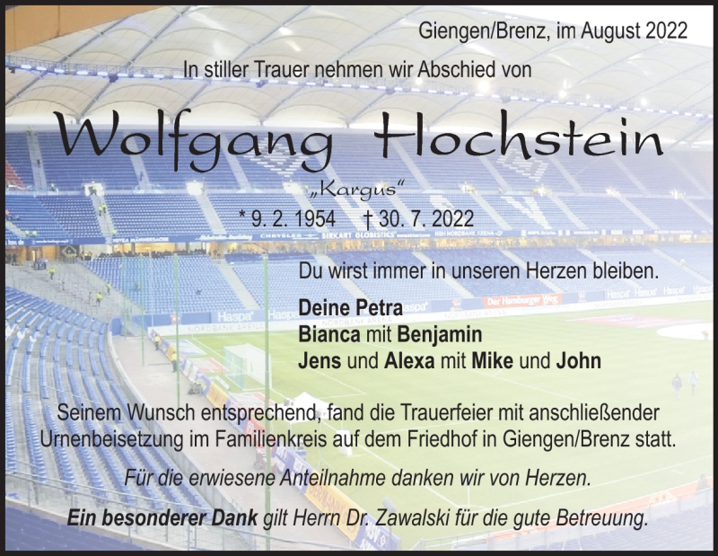  Traueranzeige für Wolfgang Hochstein vom 13.08.2022 aus Heidenheimer Zeitung