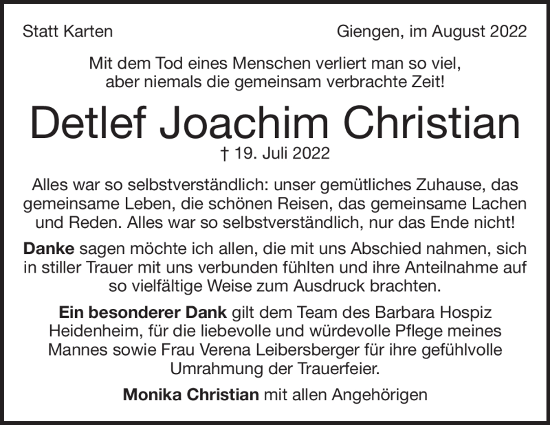  Traueranzeige für Detlef Joachim Christian vom 17.08.2022 aus Heidenheimer Zeitung