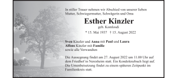 Traueranzeige von Esther Kinzler von Heidenheimer Zeitung