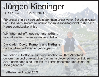 Traueranzeige von Jürgen Kieninger von Heidenheimer Zeitung
