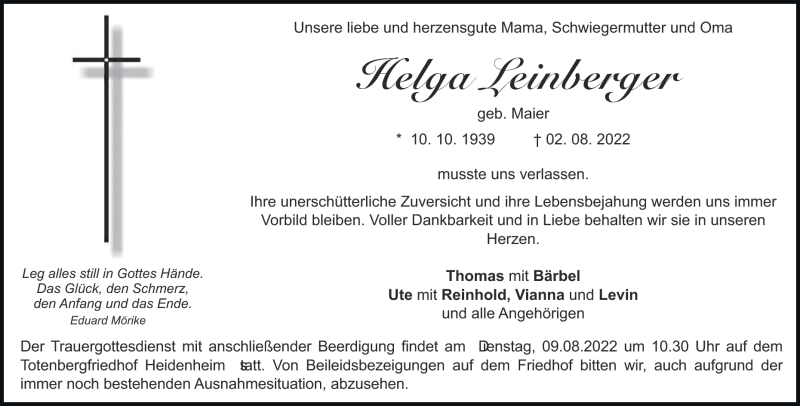  Traueranzeige für Helga Leinberger vom 06.08.2022 aus Heidenheimer Zeitung