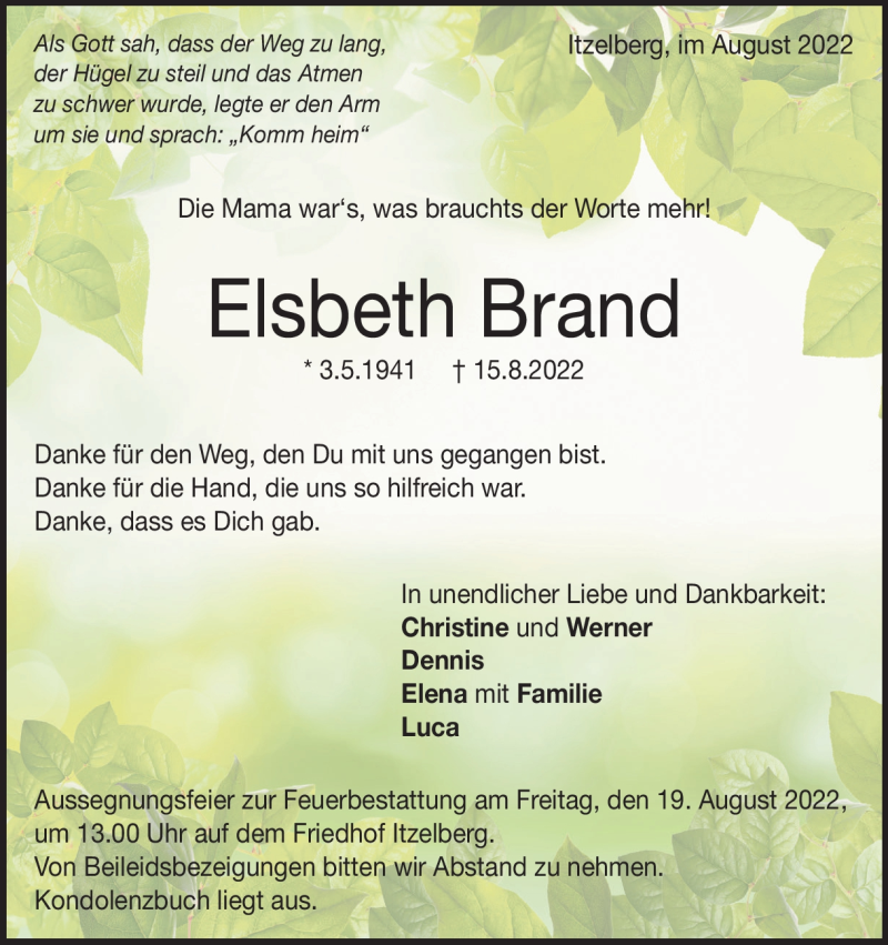  Traueranzeige für Elsbeth Brand vom 18.08.2022 aus Heidenheimer Zeitung