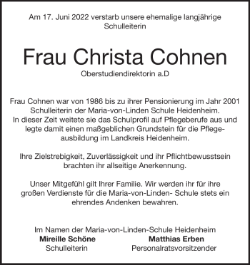 Traueranzeige von Christa Cohnen von Heidenheimer Zeitung