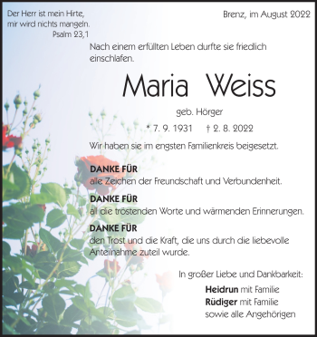 Anzeige Maria Weiss