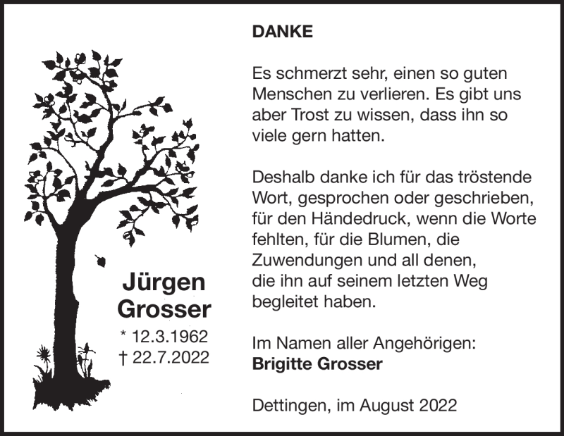  Traueranzeige für Jürgen Grosser vom 20.08.2022 aus Heidenheimer Zeitung