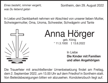Traueranzeige von Anna  Hörger von Heidenheimer Zeitung