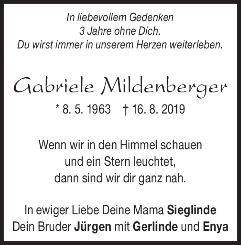 Traueranzeige für Gabriele Mildenberger vom 16.08.2022 aus Heidenheimer Zeitung