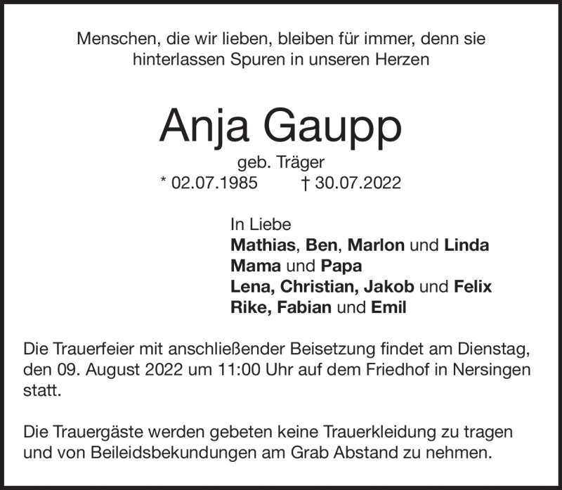  Traueranzeige für Anja Gaupp vom 06.08.2022 aus Heidenheimer Zeitung