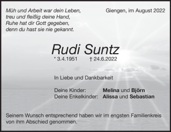 Traueranzeige von Rudi Suntz von Heidenheimer Zeitung