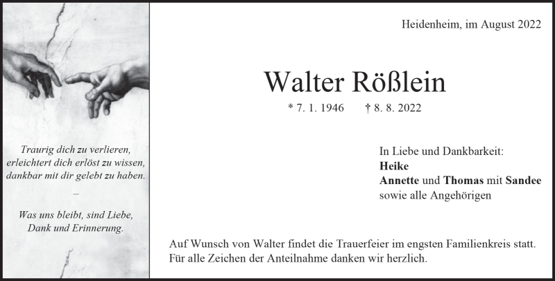  Traueranzeige für Walter Rößlein vom 12.08.2022 aus Heidenheimer Zeitung