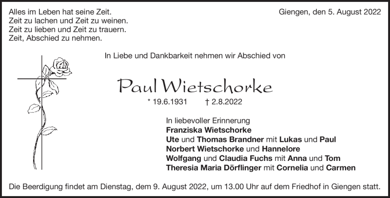  Traueranzeige für Paul Wietschorke vom 05.08.2022 aus Heidenheimer Zeitung