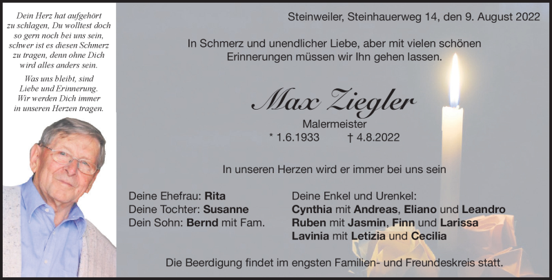  Traueranzeige für Max Ziegler vom 09.08.2022 aus Heidenheimer Zeitung