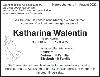 Traueranzeige von Katharina Walentin von Heidenheimer Zeitung