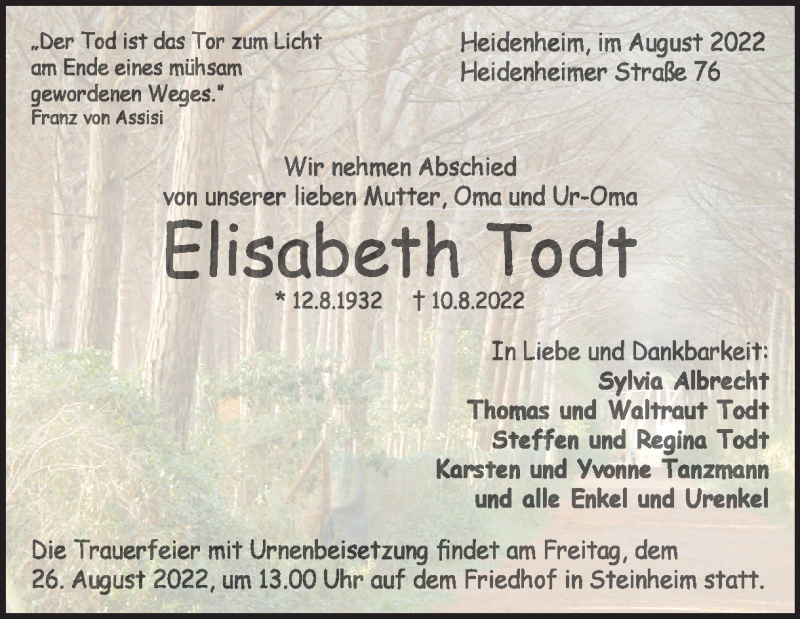  Traueranzeige für Elisabeth Todt vom 20.08.2022 aus Heidenheimer Zeitung