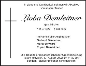 Traueranzeige von Lioba Demleitner von Heidenheimer Zeitung