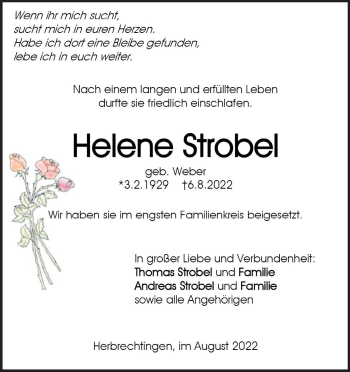 Traueranzeige von Helene Strobel von Heidenheimer Zeitung