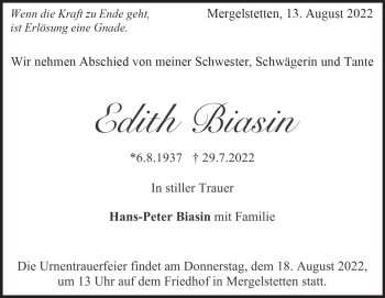 Traueranzeige von Edith Biasin von Heidenheimer Zeitung