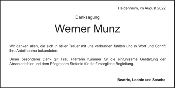 Traueranzeige von Werner Munz von Heidenheimer Zeitung