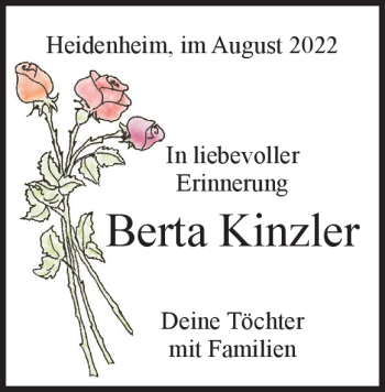 Traueranzeige von Berta Kinzler von Heidenheimer Zeitung