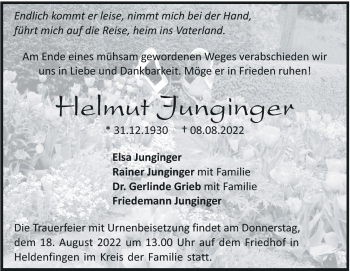 Traueranzeige von Helmut Junginger von Heidenheimer Zeitung