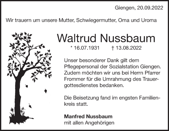 Traueranzeige von Waltrud Nussbaum von Heidenheimer Zeitung