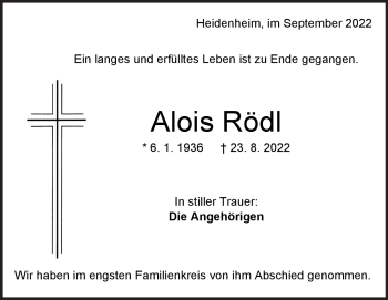 Traueranzeige von Alois Rödl von Heidenheimer Zeitung