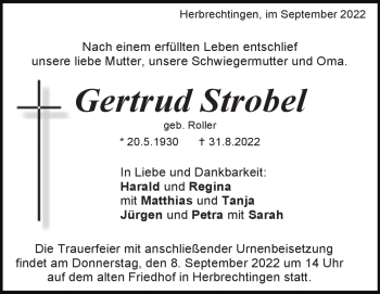Traueranzeige von Gertrud Strobel von Heidenheimer Zeitung