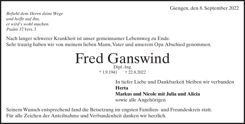  Traueranzeige für Fred Ganswind vom 08.09.2022 aus Heidenheimer Zeitung
